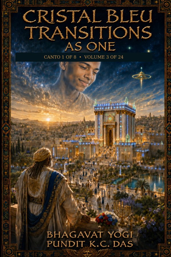 Cover of Cristal Bleu Transitions: As One — a robed figure looking out over a radiant city of light at sunrise.