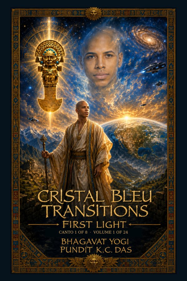 Cover of Cristal Bleu Transitions: First Light — a robed figure with a staff before a rising Earth, beneath a golden Andean idol and a face in the stars.