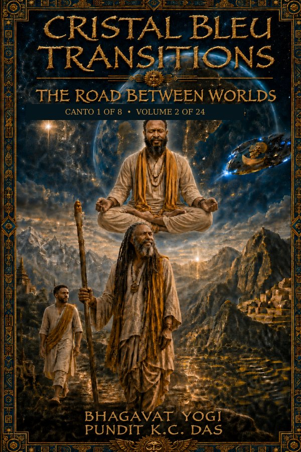 Cover of Cristal Bleu Transitions: The Road Between Worlds — two sadhus walking a mountain road, one seated in meditation above them against a vast planet.